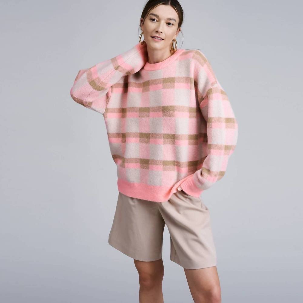 Flat White Anthropologie Pink Brown Checkered Plaid Crewneck Sweater S Oversized